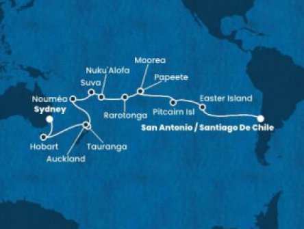 Chile, Zámořské území Velké Británie, Francouzská Polynésie, Cookovy ostrovy, Tonga, Fidži, Nová Kaledonie, Nový Zéland, Austrálie ze San Antonio na lodi Costa Deliziosa