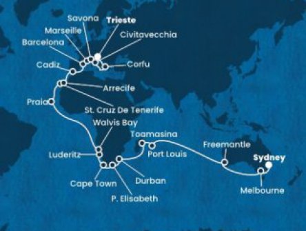 Austrálie, Mauricius, Madagaskar, Jihoafrická republika, Namibie, Kapverdy, Španělsko, Francie, Itálie, Řecko ze Sydney na lodi Costa Deliziosa