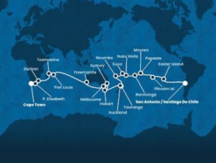 Chile, Zámořské území Velké Británie, Francouzská Polynésie, Cookovy ostrovy, Tonga, Fidži, Nová Kaledonie, Nový Zéland, Austrálie, Mauricius, Madagaskar, Jihoafrická republika ze San Antonio na lodi Costa Deliziosa