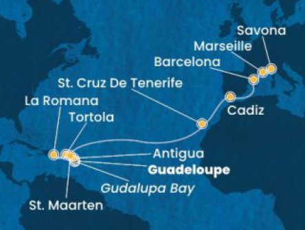 Guadeloupe, Zámořské společenství Francie, Antigua a Barbuda, Britské Panenské ostrovy, Dominikánská republika, Svatý Martin, Španělsko, Francie, Itálie z Pointe-à-Pitre, Guadeloupe na lodi Costa Fascinosa